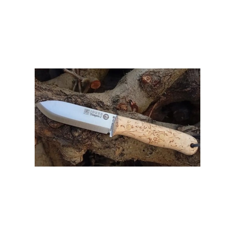 Cuchillo Bushcraft y Supervivencia Joker Trampero Scandi en Abedul Rizado con Ferrocerio